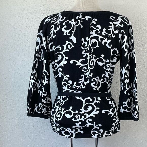 EUC Lifestyle Attitude By Larry Levine Black and White Tie 3/4 Sleeve Blouse L - Picture 4 of 5